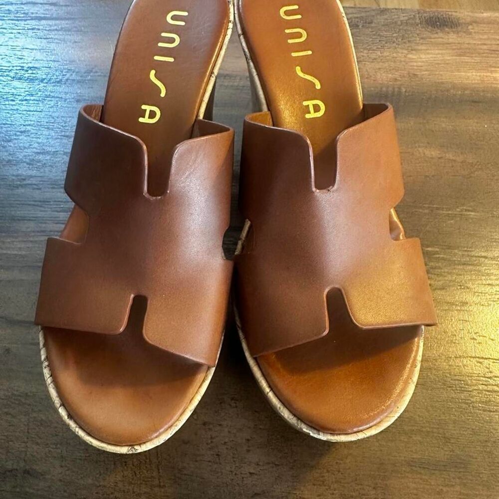 Unisa Brown Leather Wedge Sandals Cork Sole Slip On Women's